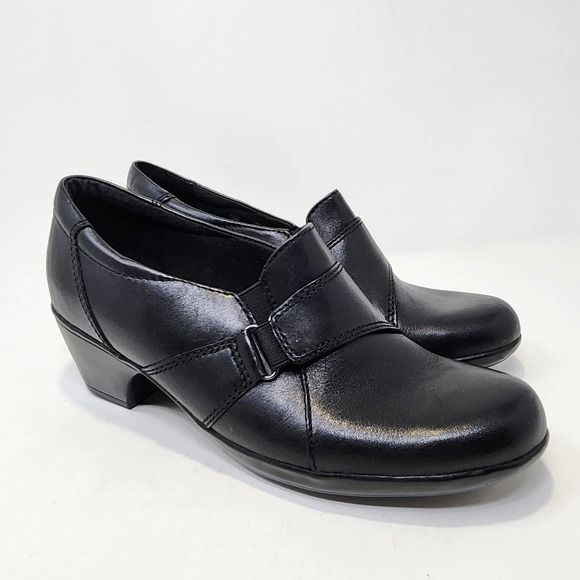 Clarks Bendables Black Leather Heeled Slip On Shoes 7.5M Ingalls Atlantic Loafer - Picture 1 of 10